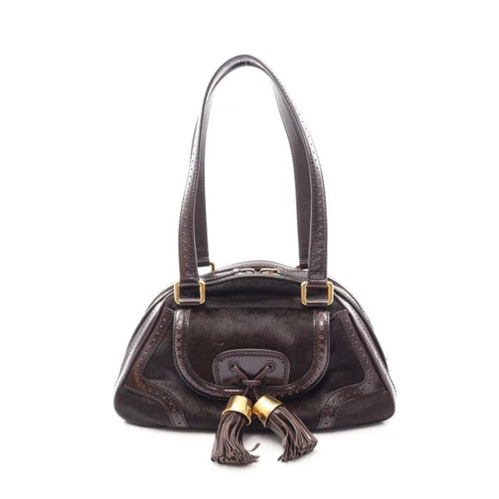 Celine Tassel Bowling Shoulder Bag 2000s dark brown calf hair leather